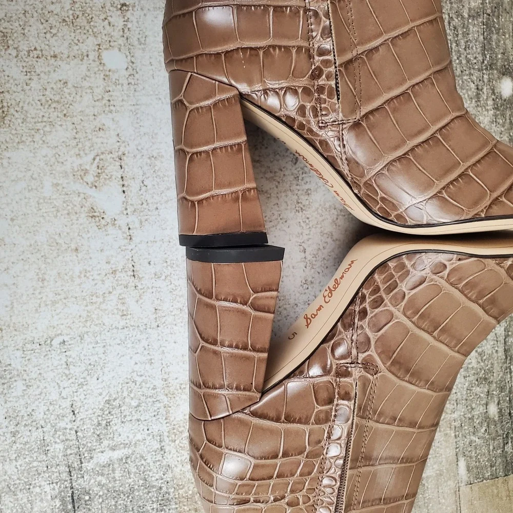 Sam Edelman Codie Womens Ankle Boots Sz 5 M Cedarwood‎ Croc Side Zip Block Heel